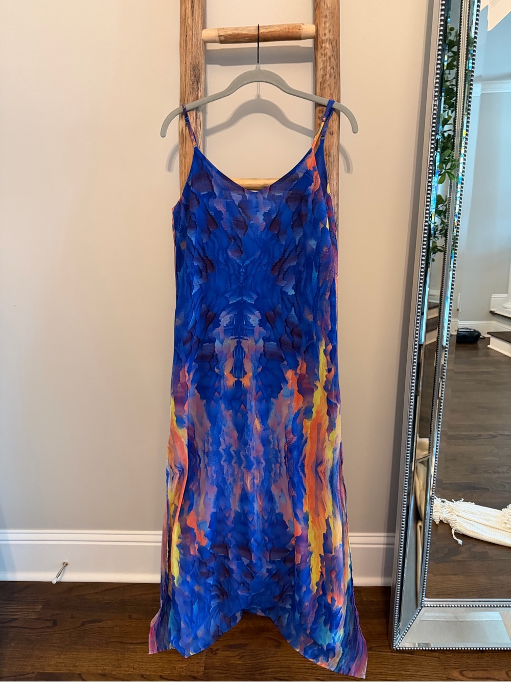 Lulu's Blue Abstract Maxi Slip Dress with Orange & Yellow Accents